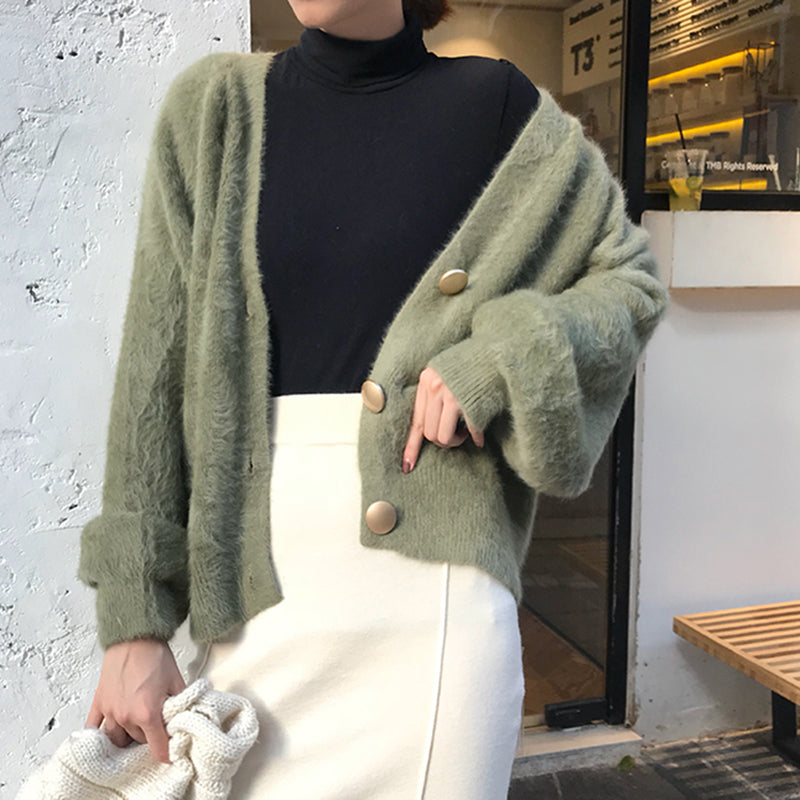 Elegant Mohair V-Neck Short Cardigan