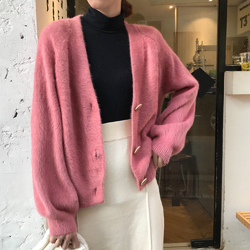 Elegant Mohair V-Neck Short Cardigan