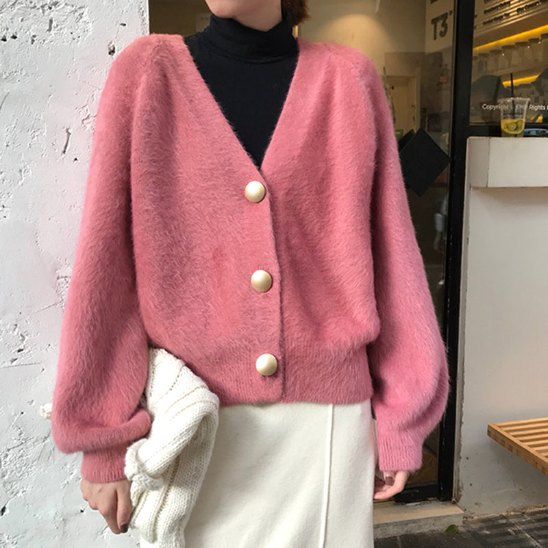 Elegant Mohair V-Neck Short Cardigan