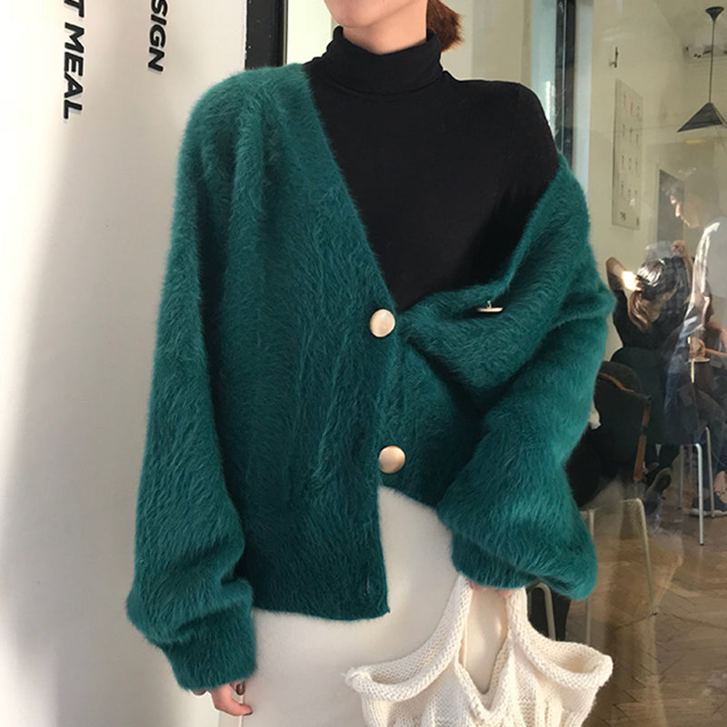 Elegant Mohair V-Neck Short Cardigan
