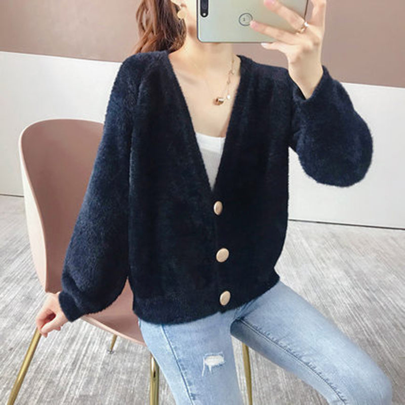 Elegant Mohair V-Neck Short Cardigan