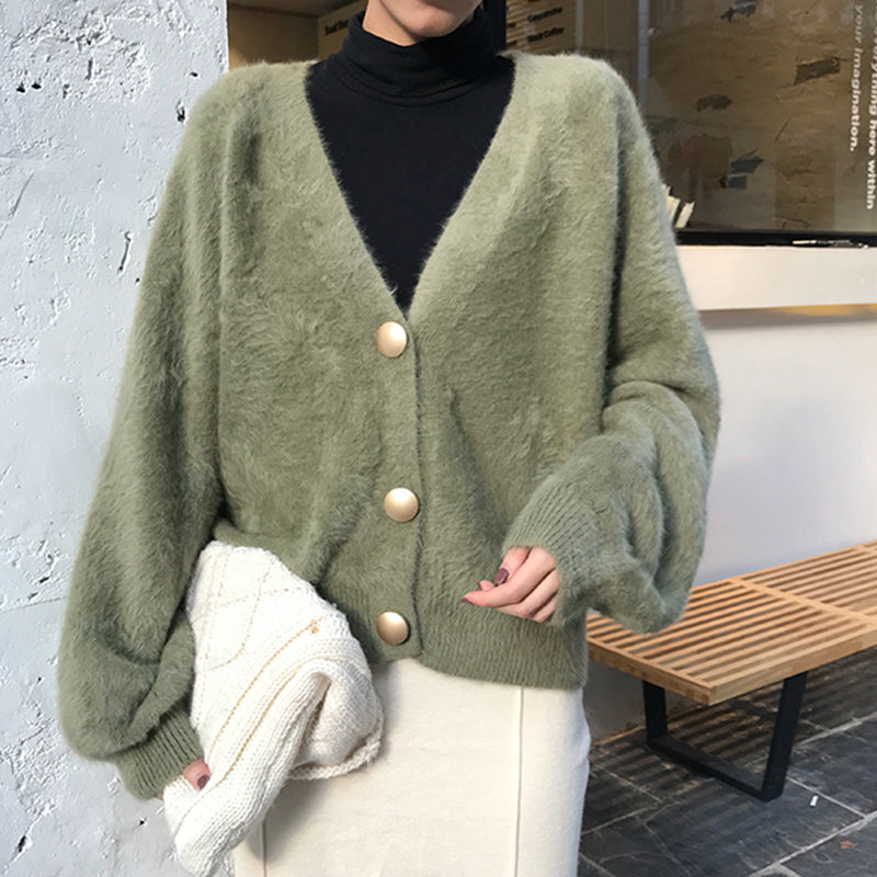 Elegant Mohair V-Neck Short Cardigan