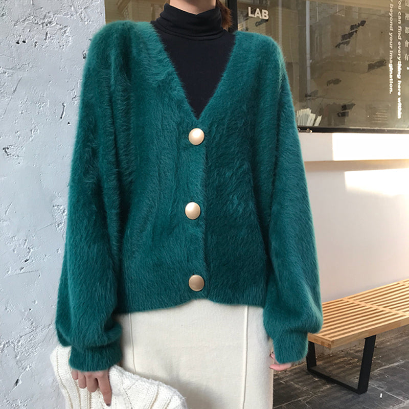 Elegant Mohair V-Neck Short Cardigan