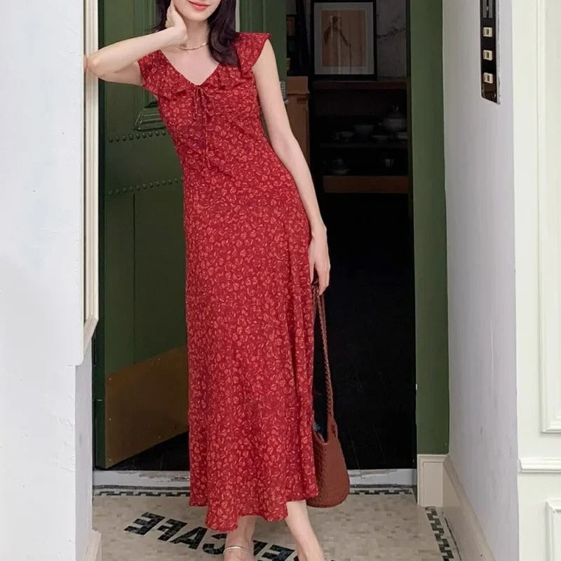 Red Floral Ruffle Dress