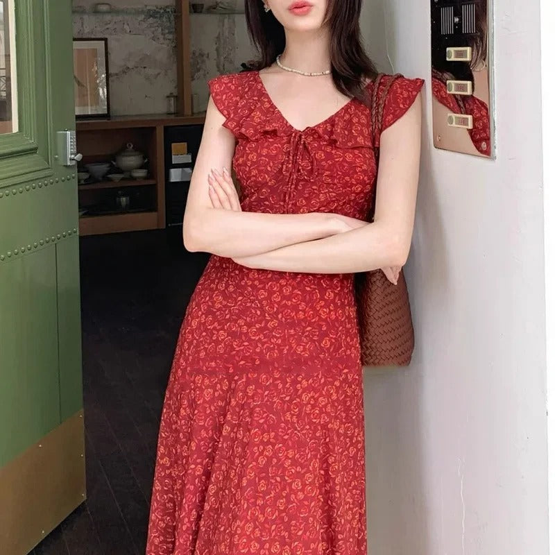Red Floral Ruffle Dress