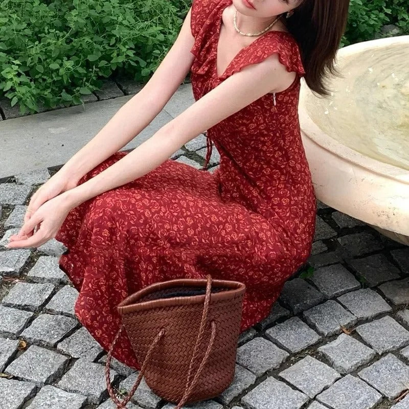 Red Floral Ruffle Dress