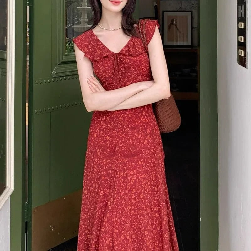 Red Floral Ruffle Dress