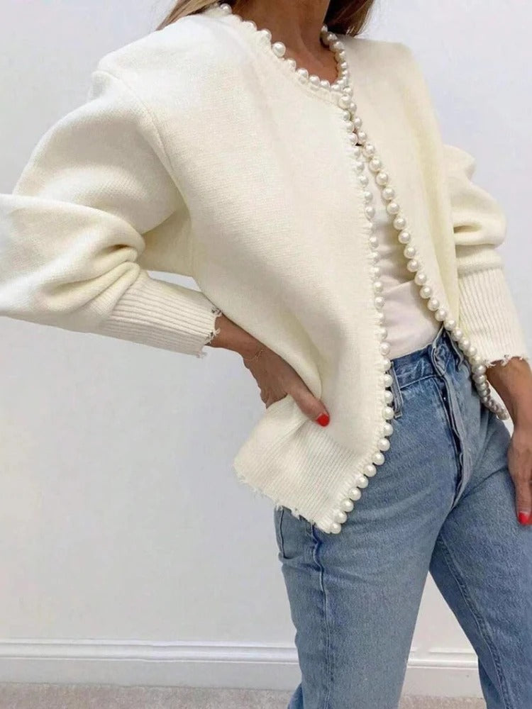 Pearl-Trim Elegant Knit Cardigan