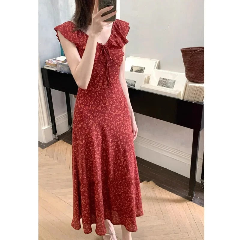 Red Floral Ruffle Dress