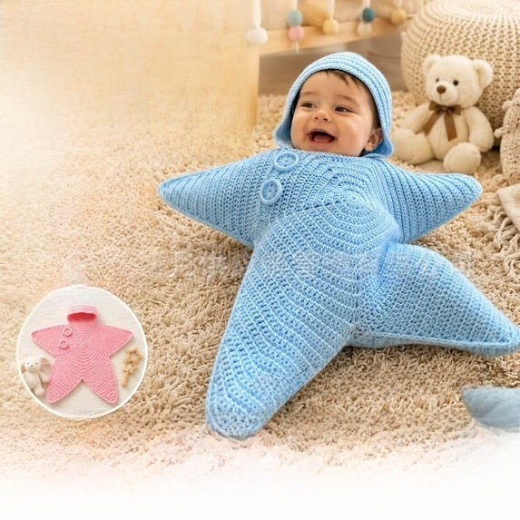 Baby Starfish Knitted Sleeping Bag Newborn Hooded Swaddle Wrap