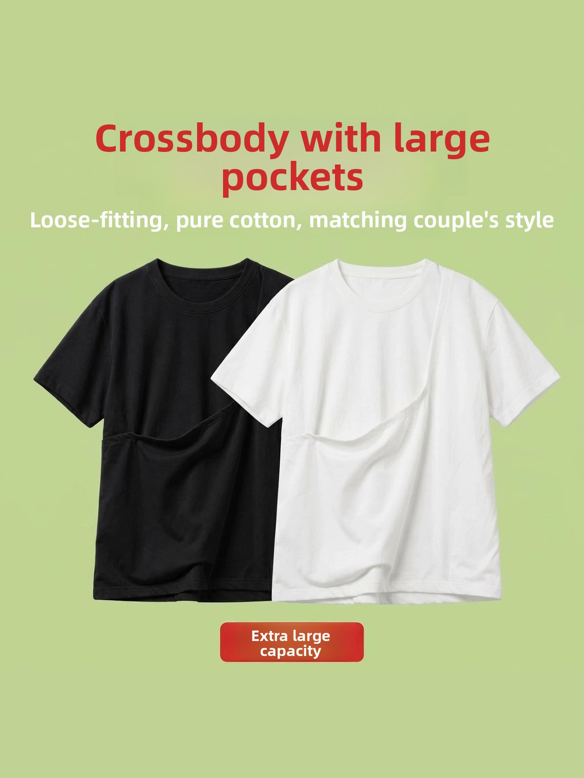Crossbody T-Shirt with Large Pockets for Couples Cotton Polyester Blend