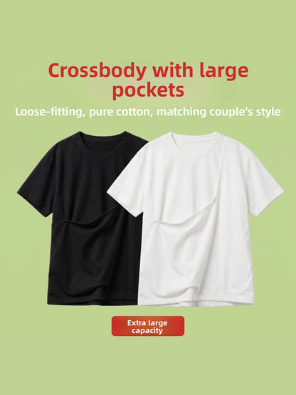 Crossbody T-Shirt with Large Pockets for Couples Cotton Polyester Blend