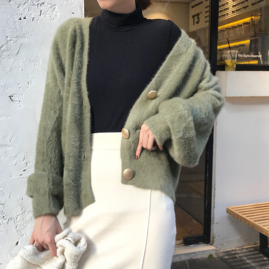 Elegant Mohair V-Neck Short Cardigan