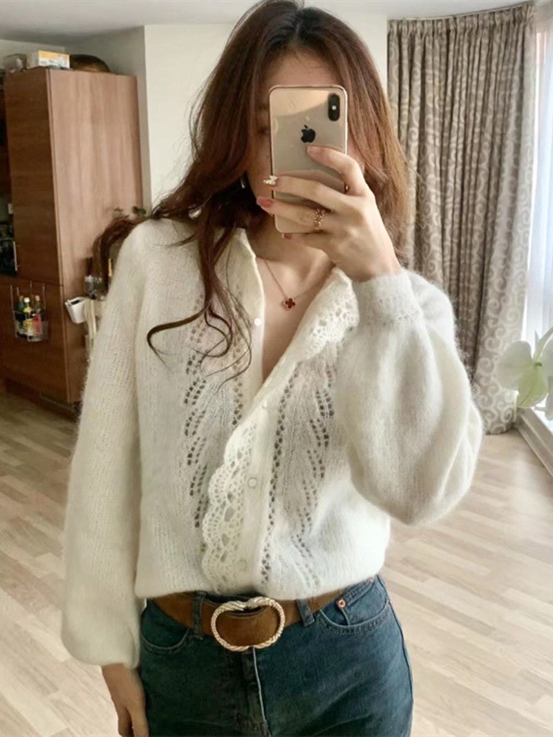 Lace Stitch Mohair Wool Knitted Cardigan