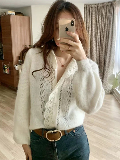 Lace Stitch Mohair Wool Knitted Cardigan