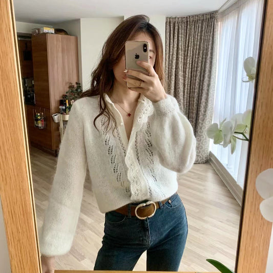 Lace Stitch Mohair Wool Knitted Cardigan