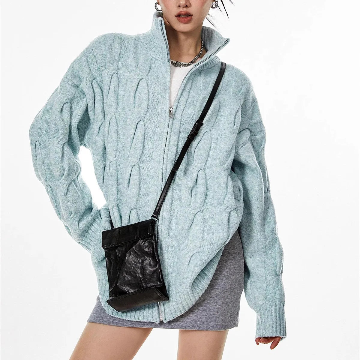 Retro Blue Knit Open Cardigan