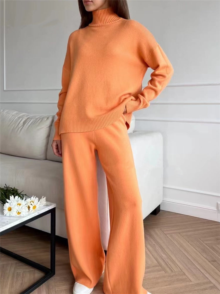 Cozy Turtleneck Knit Tracksuit Set — Sweater & Straight-Leg Pants