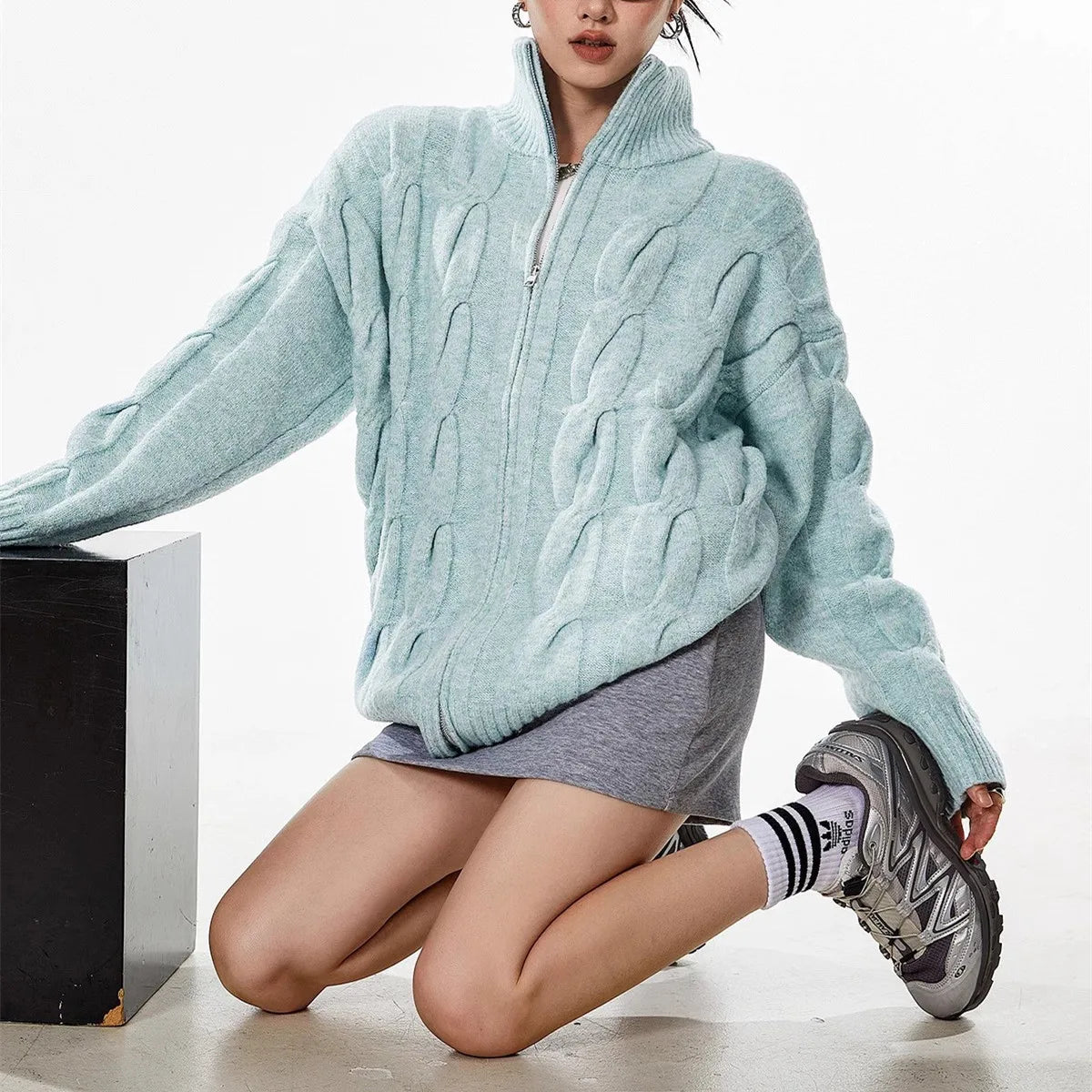 Retro Blue Knit Open Cardigan