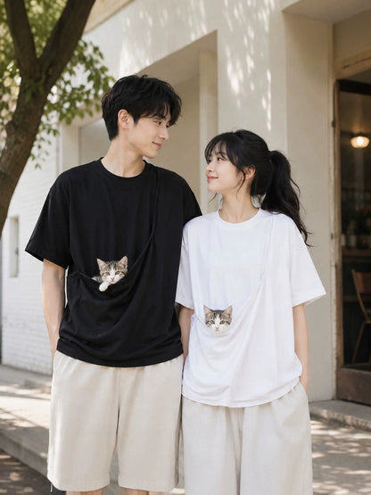 Crossbody T-Shirt with Large Pockets for Couples Cotton Polyester Blend
