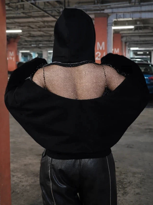 Niche Design Backless Hollow-Out Mesh Hoodie Loose Sweater
