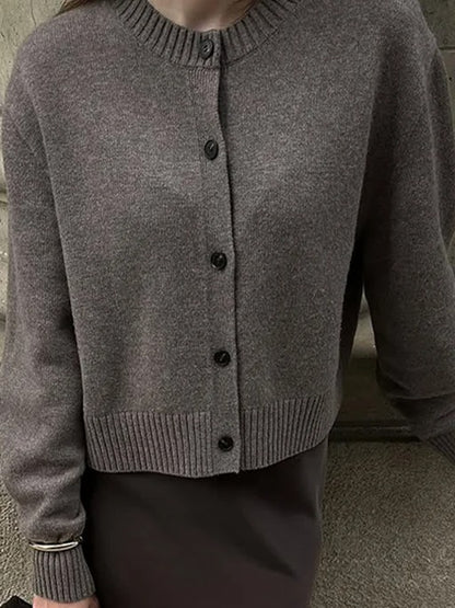 Elegant Round-Neck Cotton Knit Cardigan