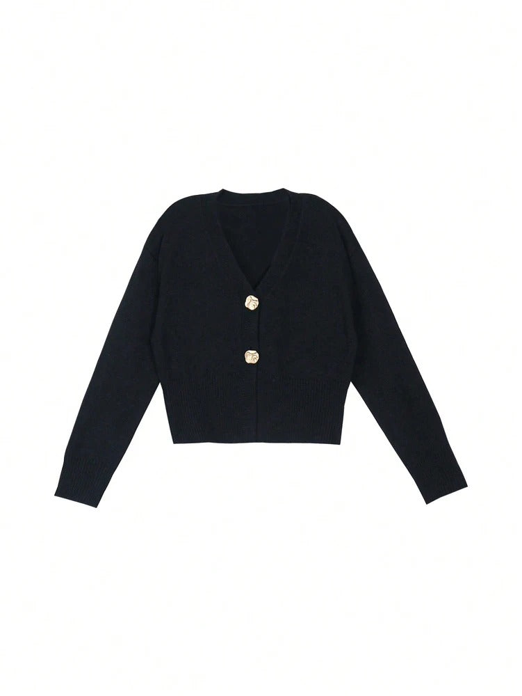 Elegant Metal-Buckle Knit Cardigan