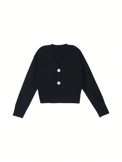 Elegant Metal-Buckle Knit Cardigan
