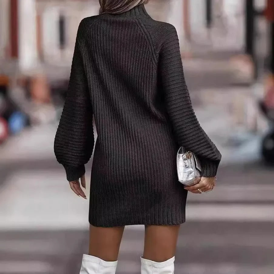 Elegant High-Neck Knitted Sweater Dress