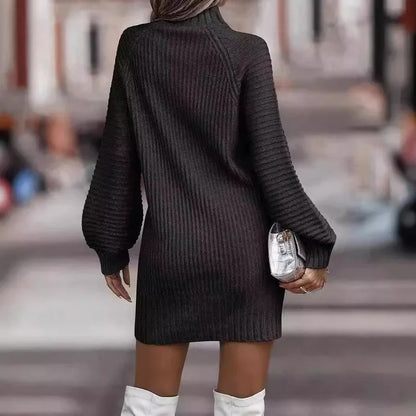 Elegant High-Neck Knitted Sweater Dress