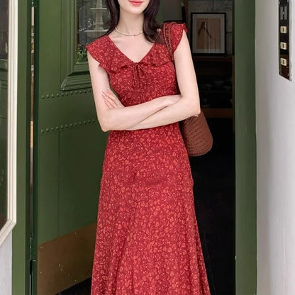 Red Floral Ruffle Dress