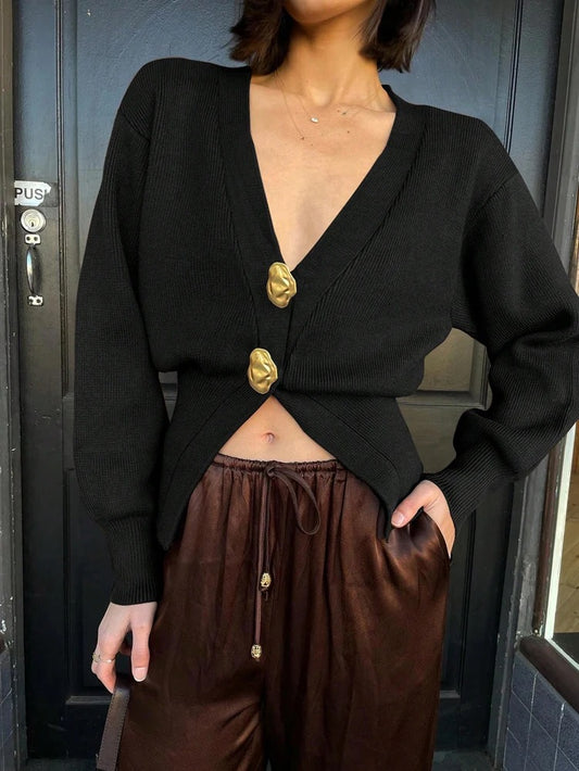 Elegant Metal-Buckle Knit Cardigan
