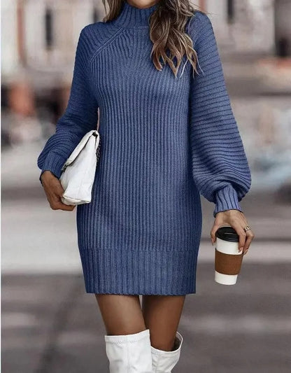 Elegant High-Neck Knitted Sweater Dress