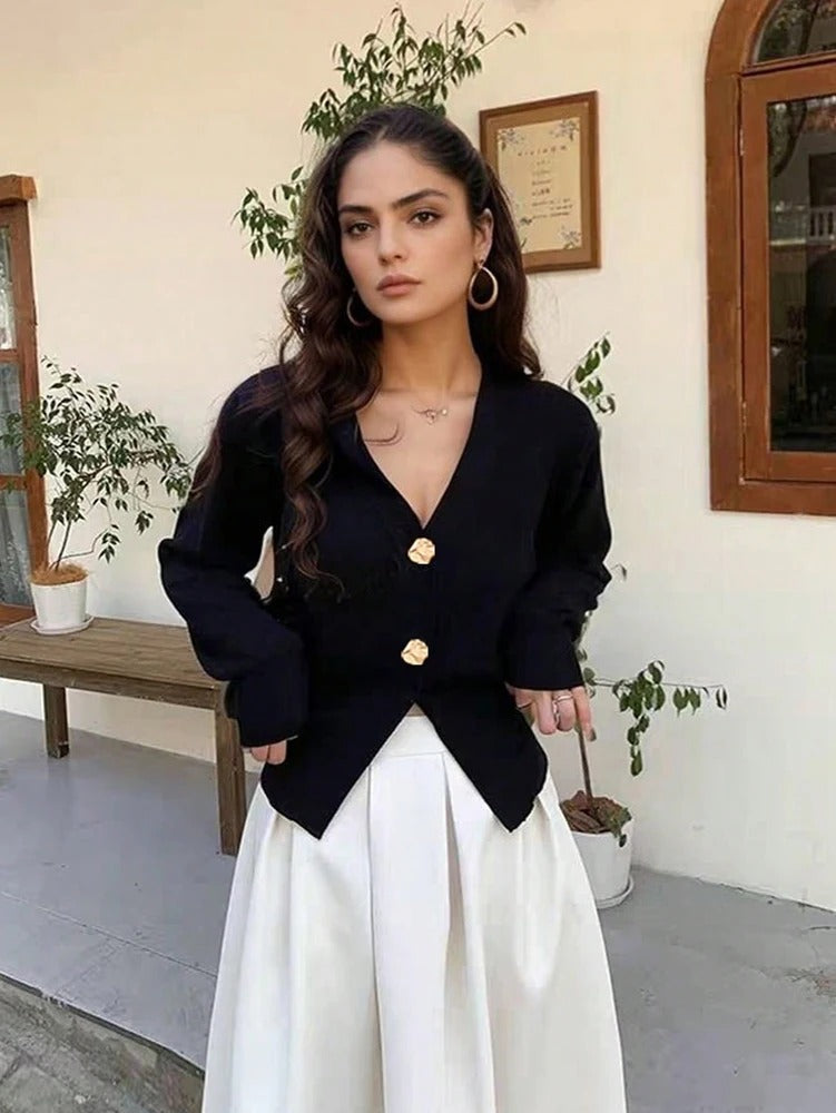 Elegant Metal-Buckle Knit Cardigan