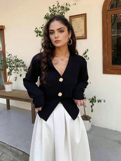 Elegant Metal-Buckle Knit Cardigan