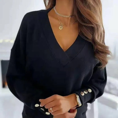 V-Neck Button Knit Office Pullover