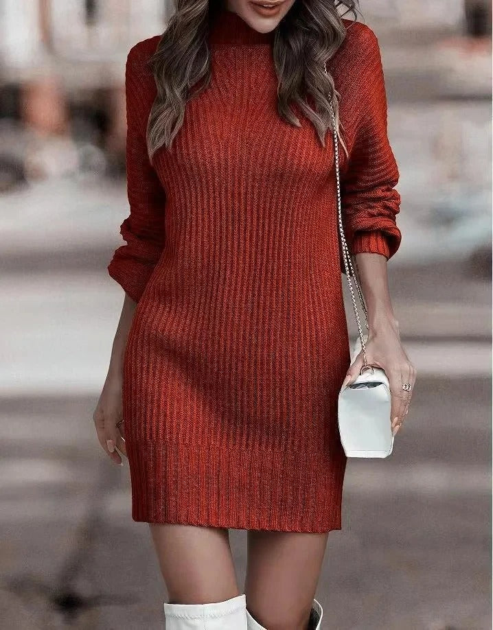 Elegant High-Neck Knitted Sweater Dress