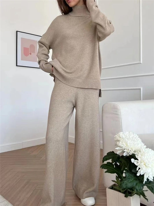 Cozy Turtleneck Knit Tracksuit Set — Sweater & Straight-Leg Pants